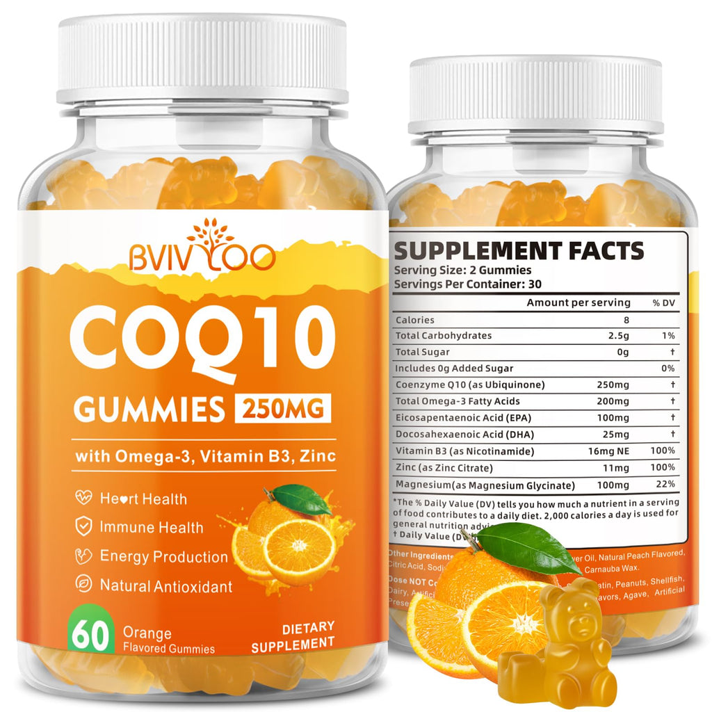 CoQ10 Gummies 250mg Plus Omega-3 Vitamin B3 & Zinc Magnesium - High Absorption Coenzyme Q10 Supplements for Heart Health Cellular Energy & Antioxidant Support 60 Count