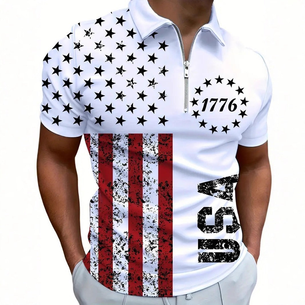 Men's 3D Digital Print Zip-Up Polo Shirt