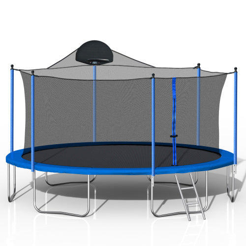 14FT Trampoline For Adults Kids With Basketball Hoop, Outdoor Trampolines W  Ladder And Safety Enclosure Net For Kids And Adults,Double-side Color Cover