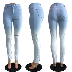 Blue-White Gradient Distressed Jeans for Cross-Border E-Commerce