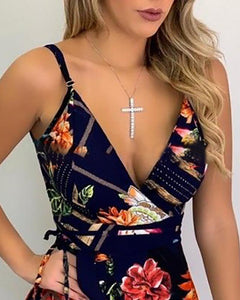 Navy Floral Print Lace Trim Romper for Cross-Border E-commerce