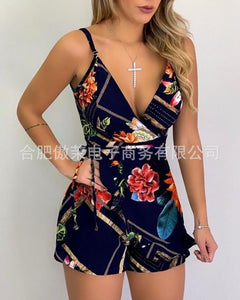 Navy Floral Print Lace Trim Romper for Cross-Border E-commerce