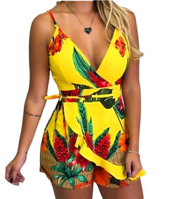 Navy Floral Print Lace Trim Romper for Cross-Border E-commerce