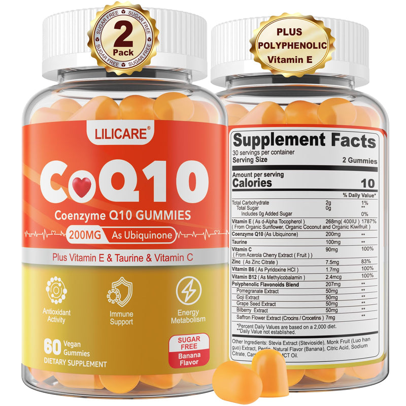 LILICARE Sugar-Free CoQ10 200mg Gummies - Coenzyme Q10 w/Taurine Vitamin E C B6 B12 Zinc - High Absorption CoQ10 Supplement for Antioxidant Cellular Energy & Hear-t Health Vegan 120 C