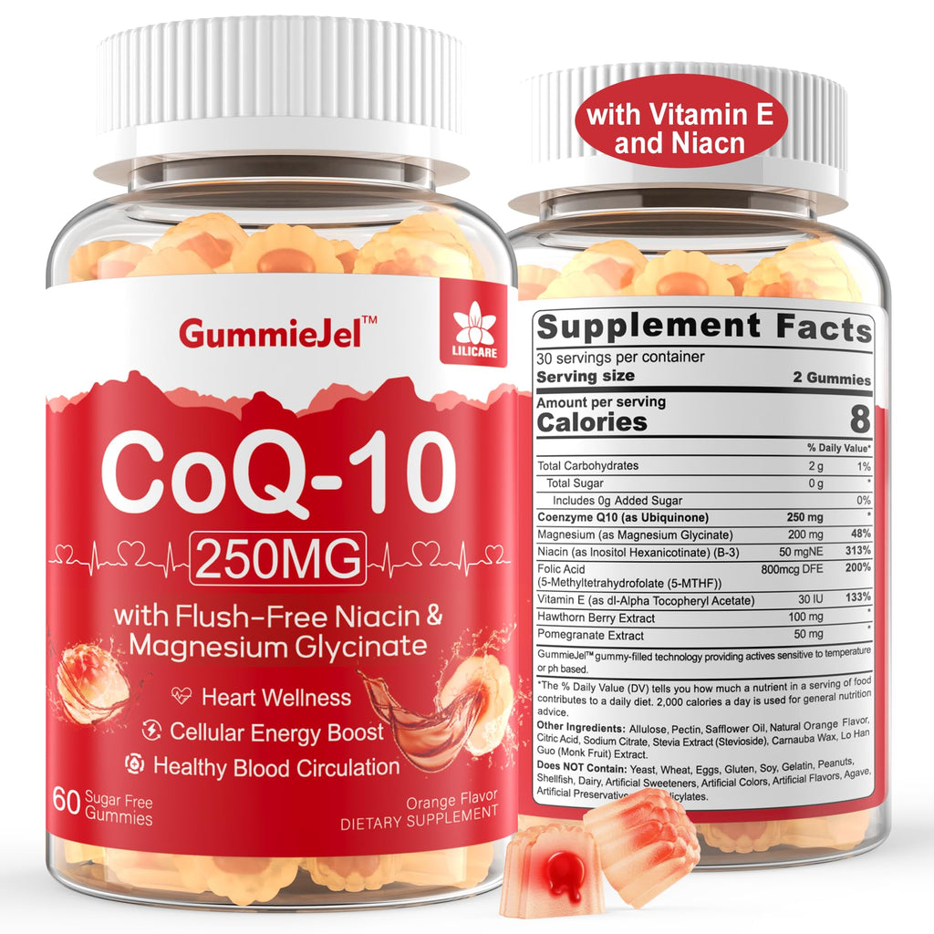 Sugar Free CoQ10 Filled Gummies 250MG Coenzyme Q10 w/ Magnesium Glycinate Niacin No-Flush Vitamin B3 E & Folic Acid High Absorption CoQ10 (Ubiquinone) for Cellular Energy & Antioxidant 120Cts