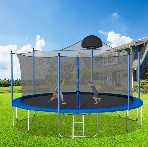 14FT Trampoline For Adults Kids With Basketball Hoop, Outdoor Trampolines W  Ladder And Safety Enclosure Net For Kids And Adults,Double-side Color Cover