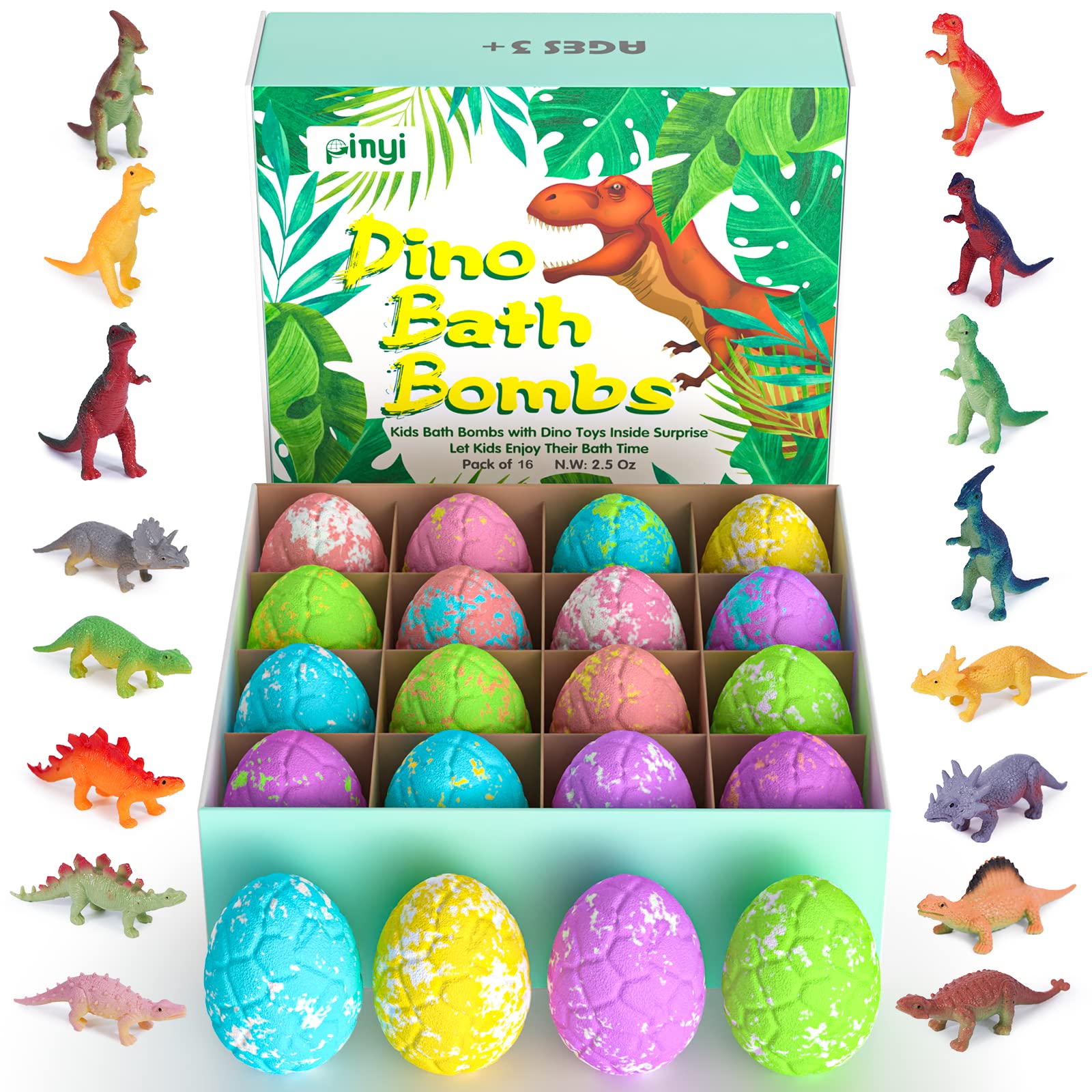 16 Pack Dinosaur Bath Bombs for Kids with Surprise Inside Dino Bath Bombs with Toys Inside for Boys Girls Toddlers Organic Kids Bath Bombs Bubble Bath Dinosaur Bath Toys Valentines Day Gift Set