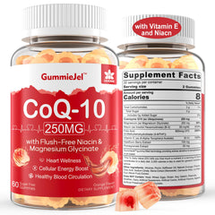 Sugar Free CoQ10 Filled Gummies 250MG Coenzyme Q10 w/ Magnesium Glycinate Niacin No-Flush Vitamin B3 E & Folic Acid High Absorption CoQ10 (Ubiquinone) for Cellular Energy & Antioxidant 120Cts