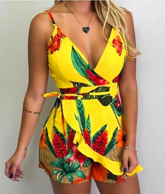 Navy Floral Print Lace Trim Romper for Cross-Border E-commerce