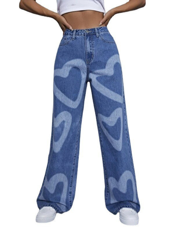 2022 Heart Print Denim Pants for Cross-Border E-Commerce